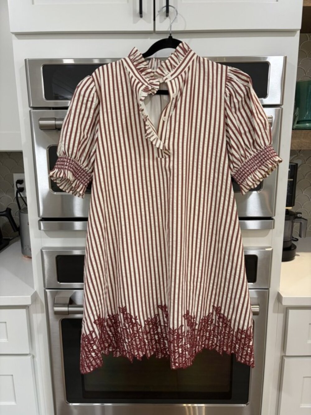 Entro Dark Red and Cream Striped with Embroidery Dress